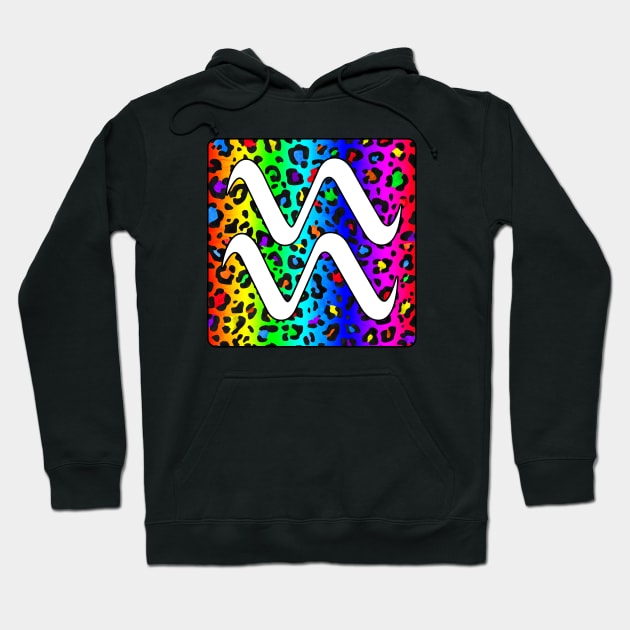 Aquarius Zodiac Horoscope Rainbow Leopard Print Square Monogram Hoodie by bumblefuzzies